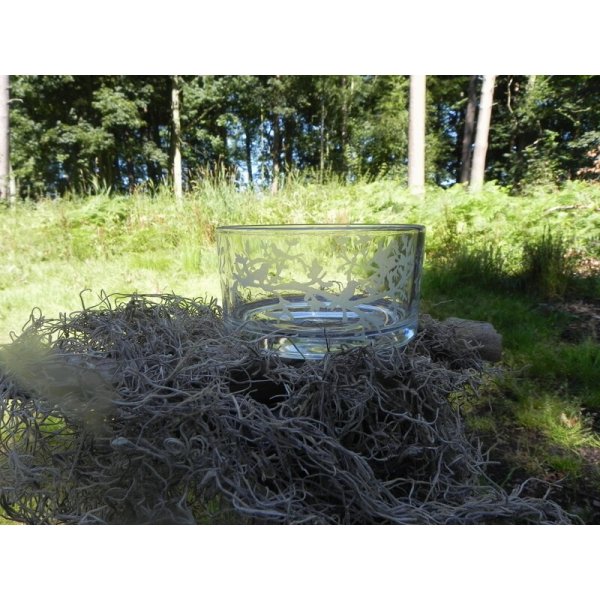 Rund glasskål m/ fuglemotiv