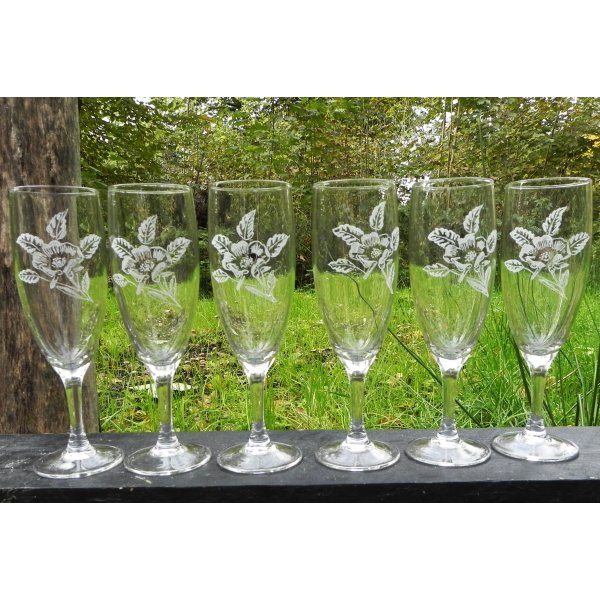 6 champagneglas med blomstermotiv